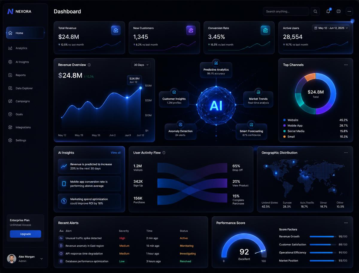 AI business intelligence dashboard with live analytics and predictive insights
